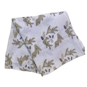 Patina Vie Baby Muslin Blanket 100% Cotton 34” x 38” White Beige Bunnies Rabbits